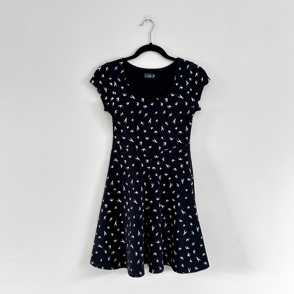 Simons Fit and Flare Sundress Black Bird Pattern Cap Sleeve Scoop Neck Size S - Picture 1 of 13